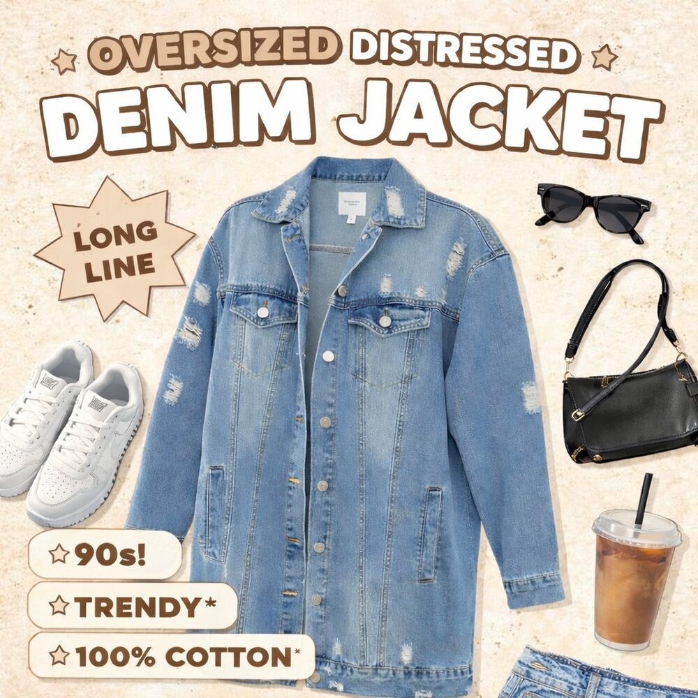 Active USA Oversized Distressed Longline Denim Jacket Light Wash 100% Cotton S